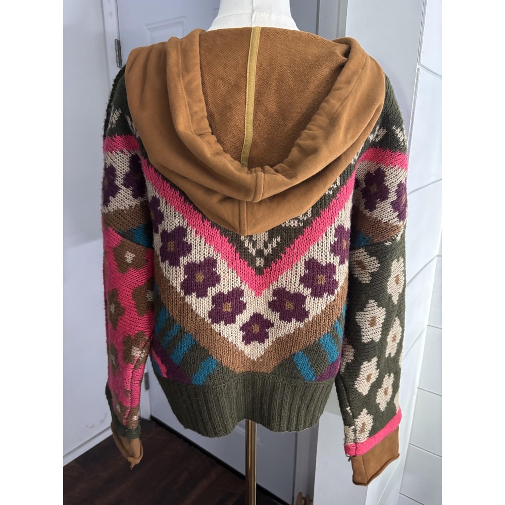 Natural Life Sweater Womens S/M Multicolor Floral Hooded Chunky Knit Boho - Picture 3 of 7